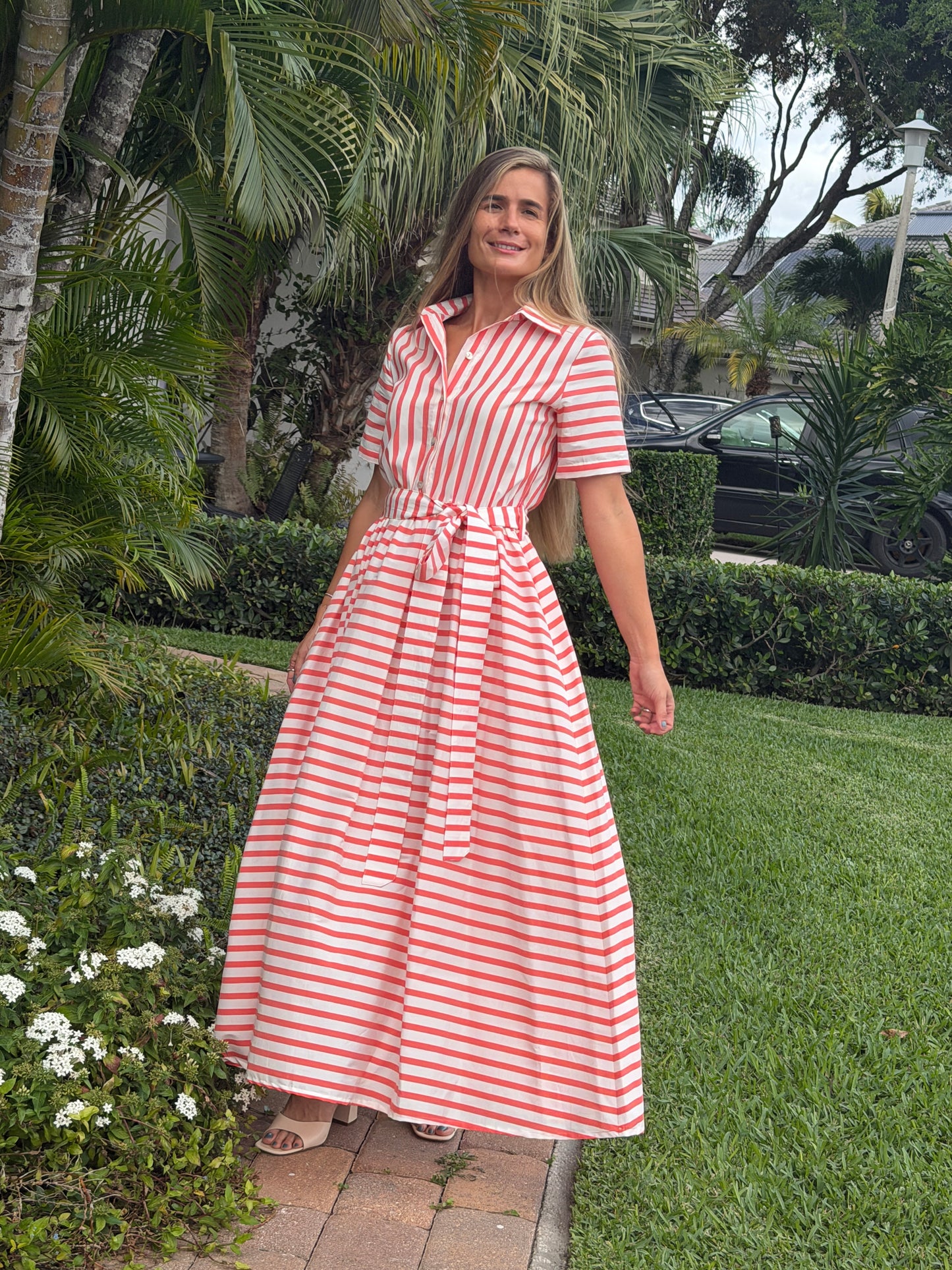 Coral Stripe Shirt Maxi Dress