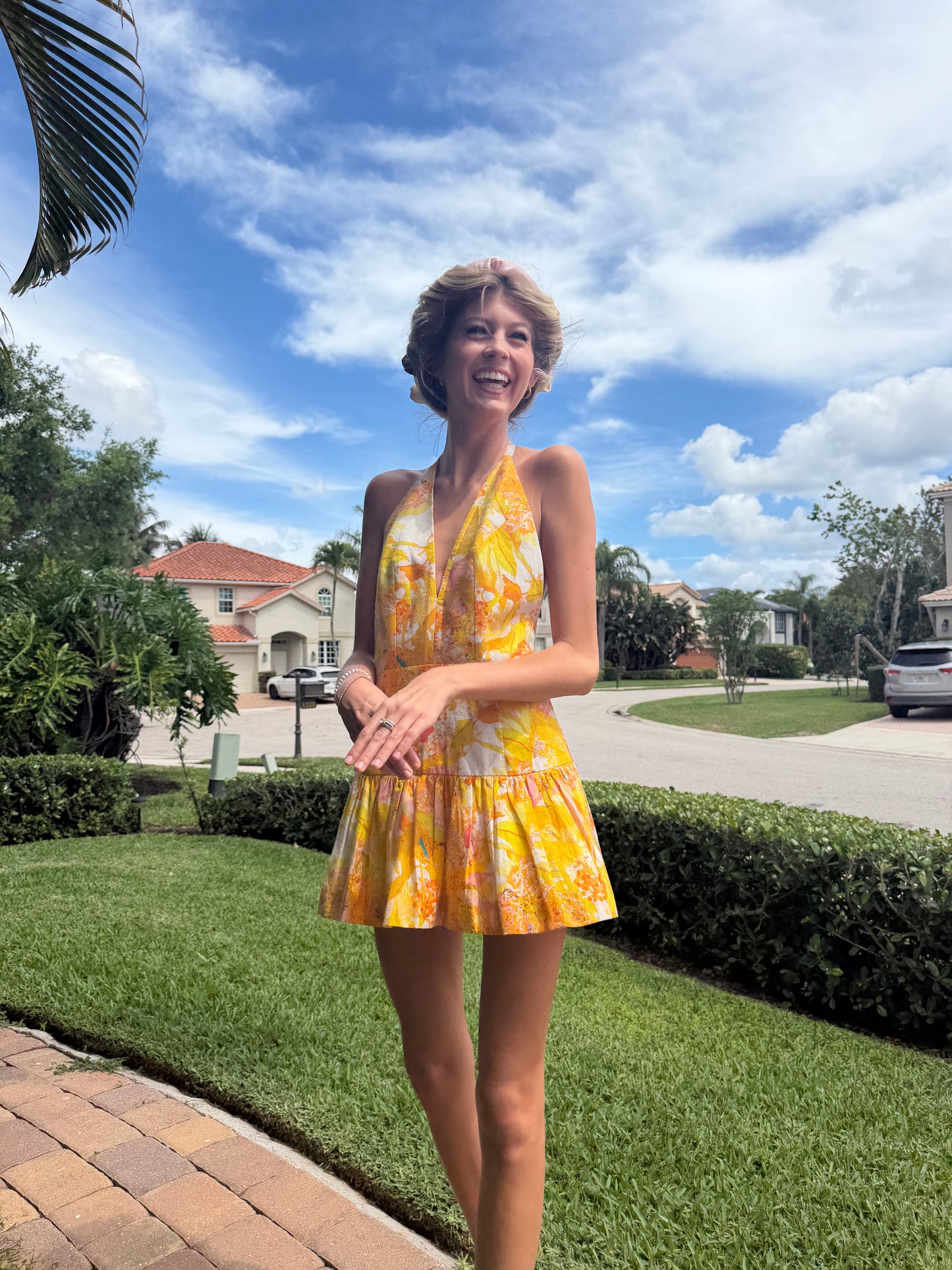 Golden Bloom Halter Mini Dress