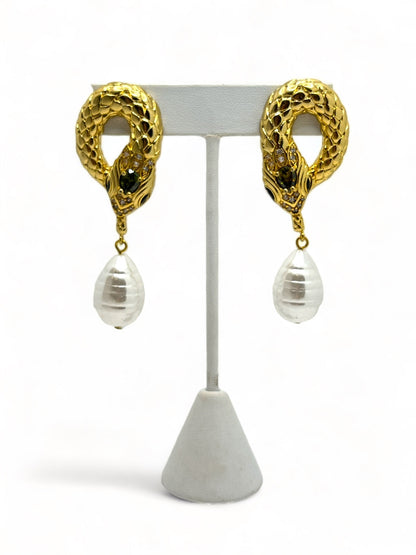 Snake Gold and Pearl Earrings