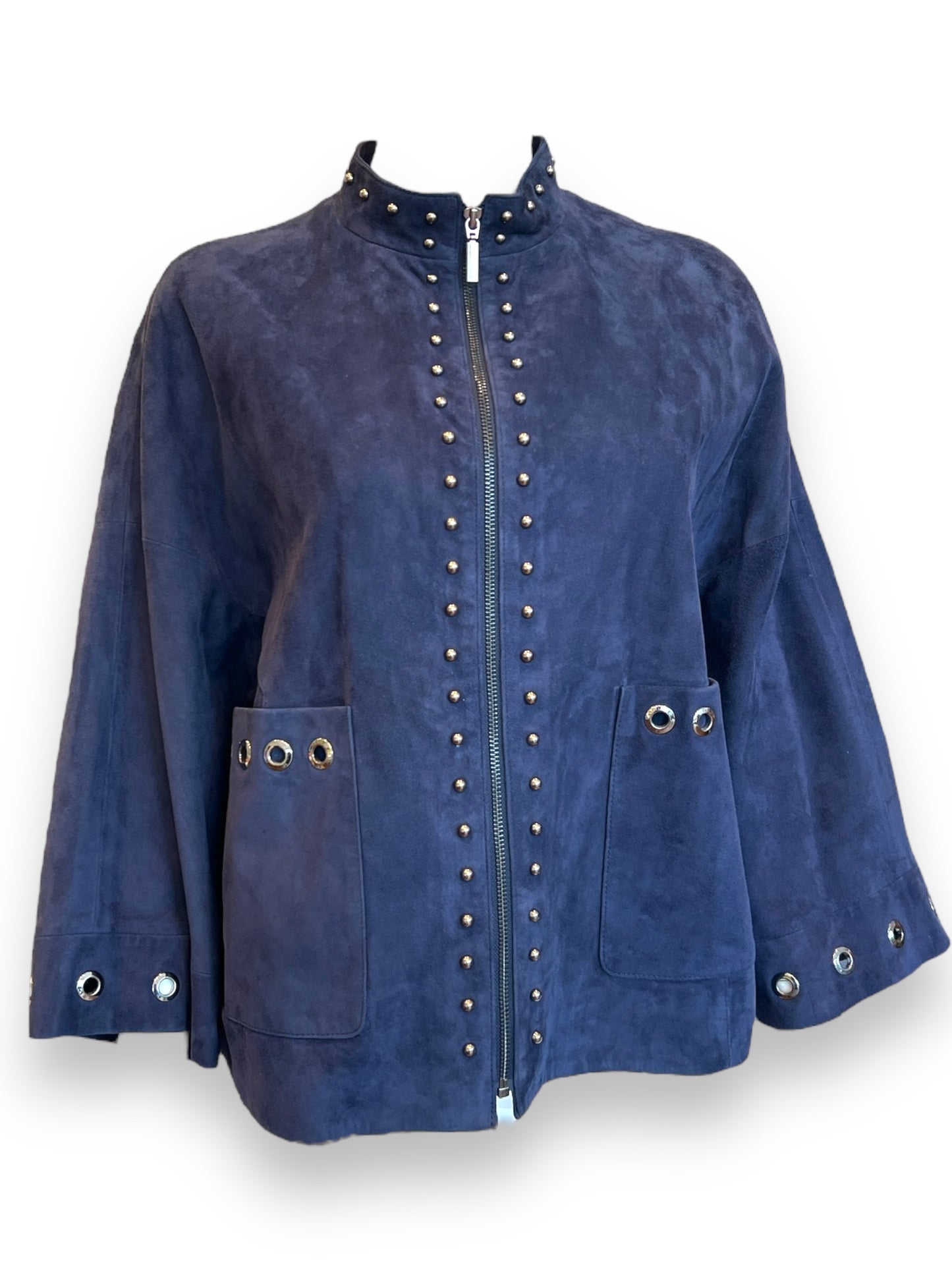 Short Navy Blue Suede Jacket with Pockets