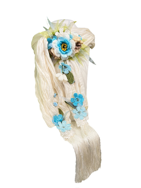 Flower Scarf White and Blue