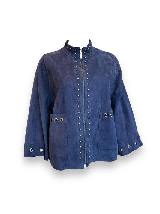 Short Navy Blue Suede Jacket with Pockets