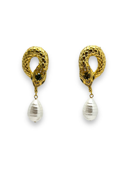 Snake Gold and Pearl Earrings