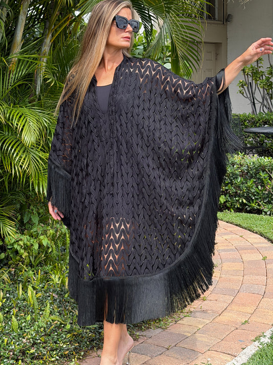 Noir Fringe Knit Kaftan Dress