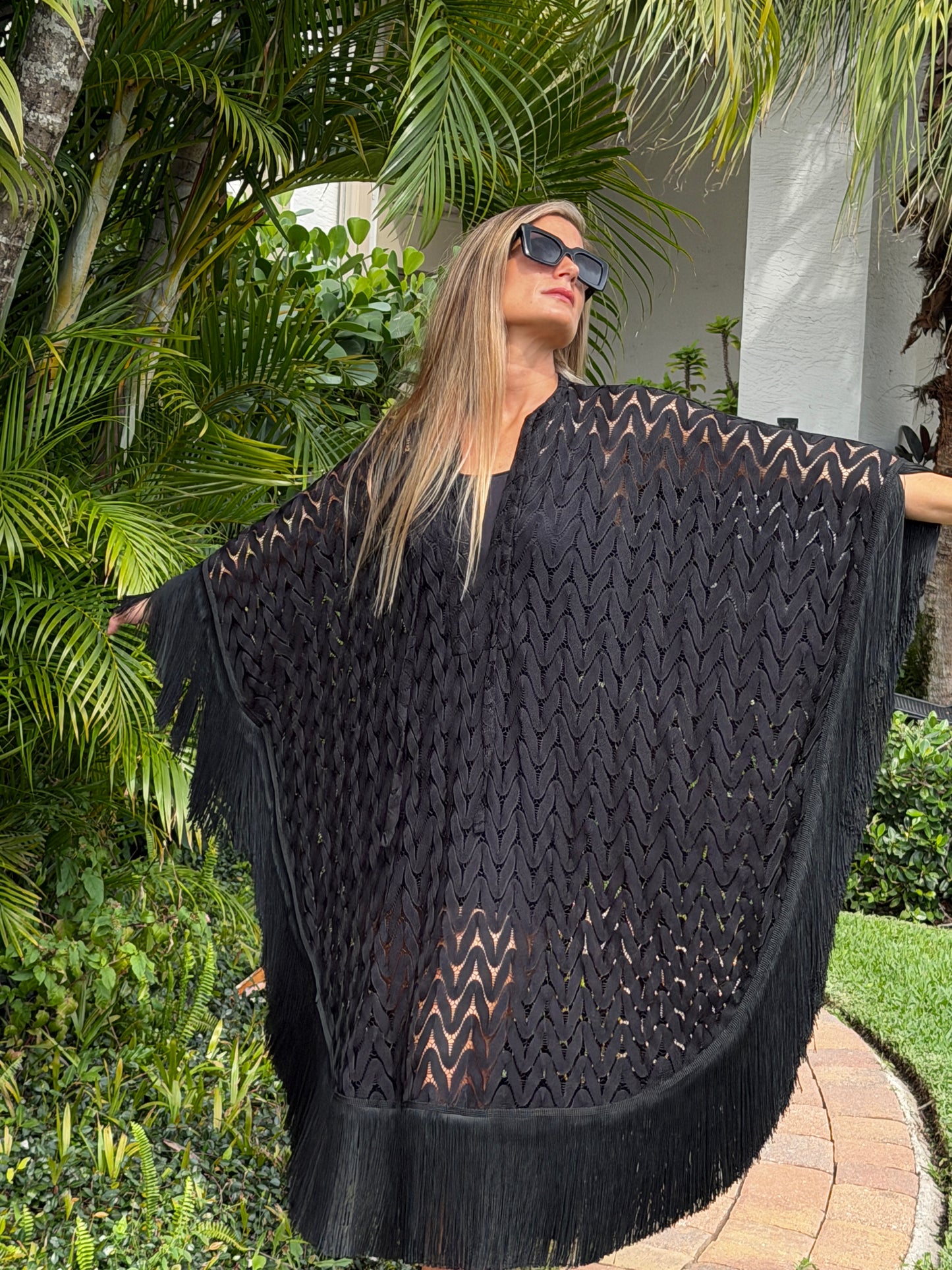 Noir Fringe Knit Kaftan Dress