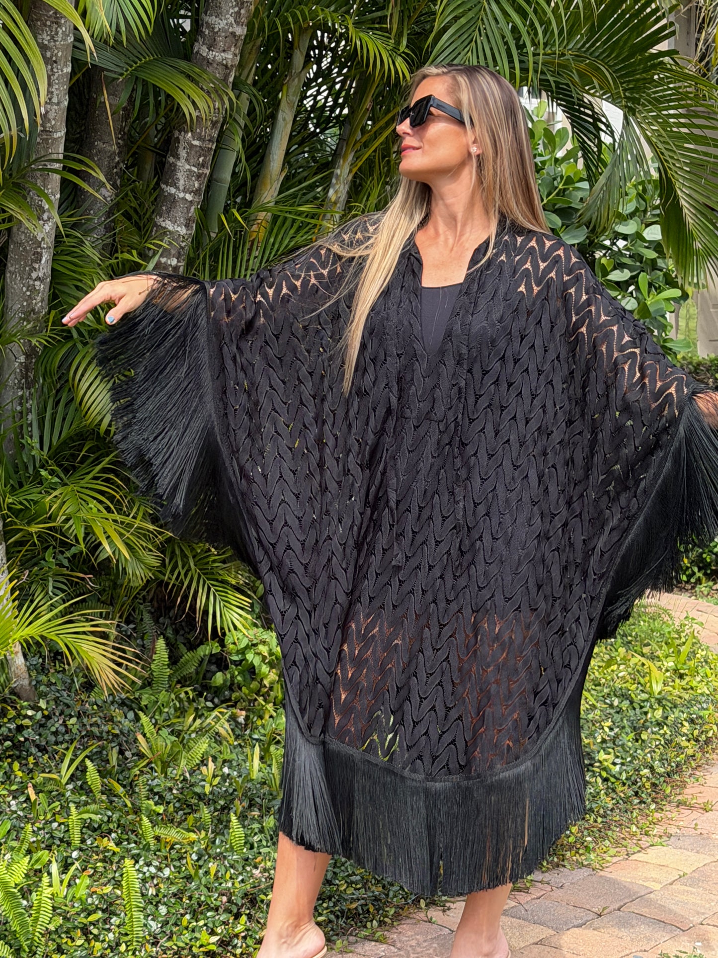 Noir Fringe Knit Kaftan Dress