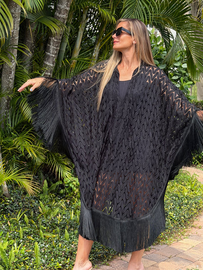 Noir Fringe Knit Kaftan Dress