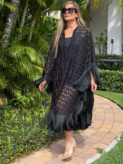Noir Fringe Knit Kaftan Dress