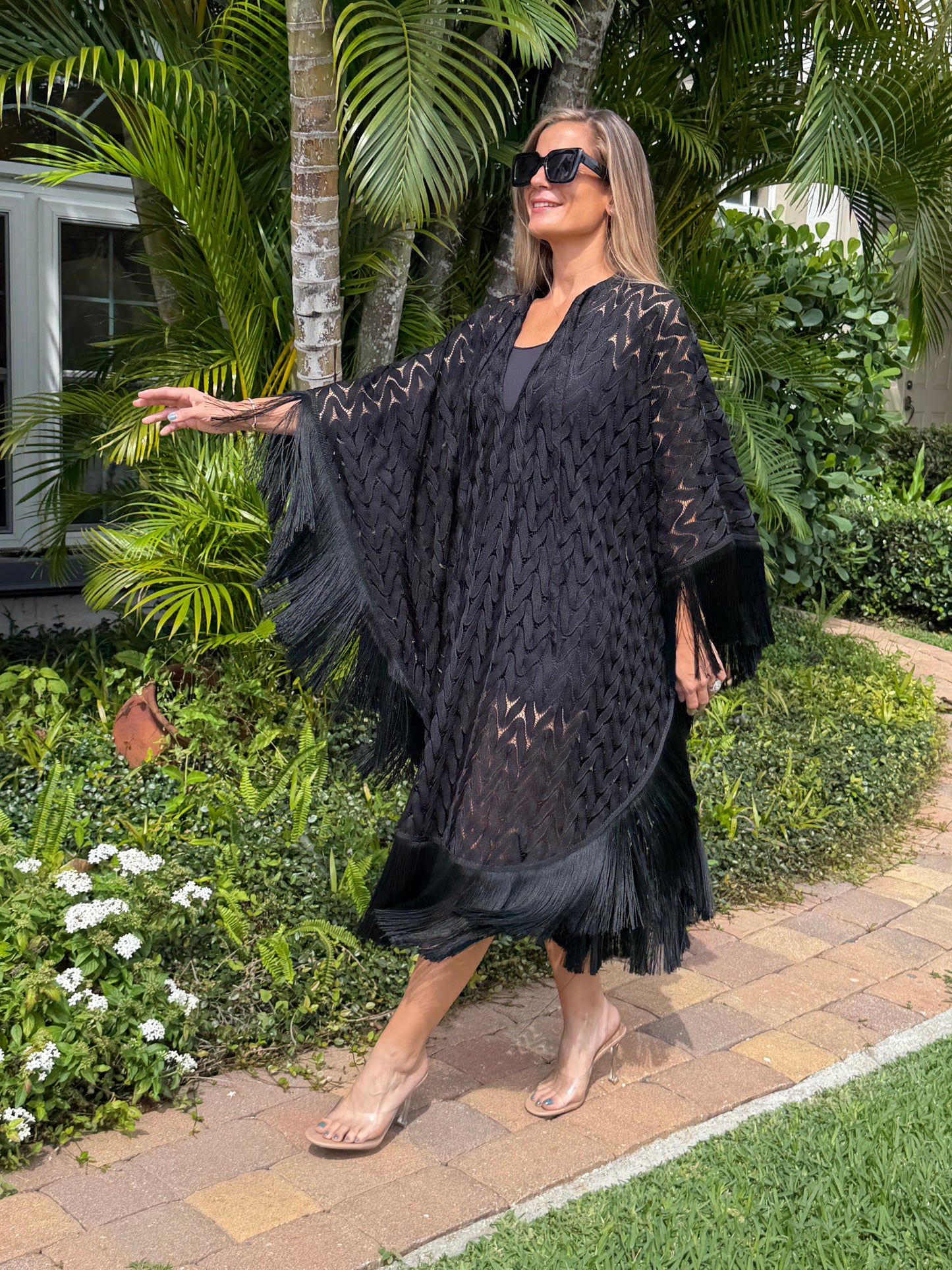 Noir Fringe Knit Kaftan Dress
