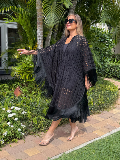 Noir Fringe Knit Kaftan Dress