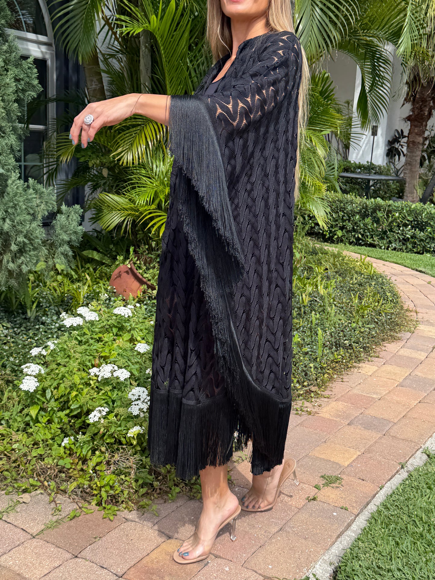Noir Fringe Knit Kaftan Dress