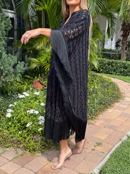 Noir Fringe Knit Kaftan Dress