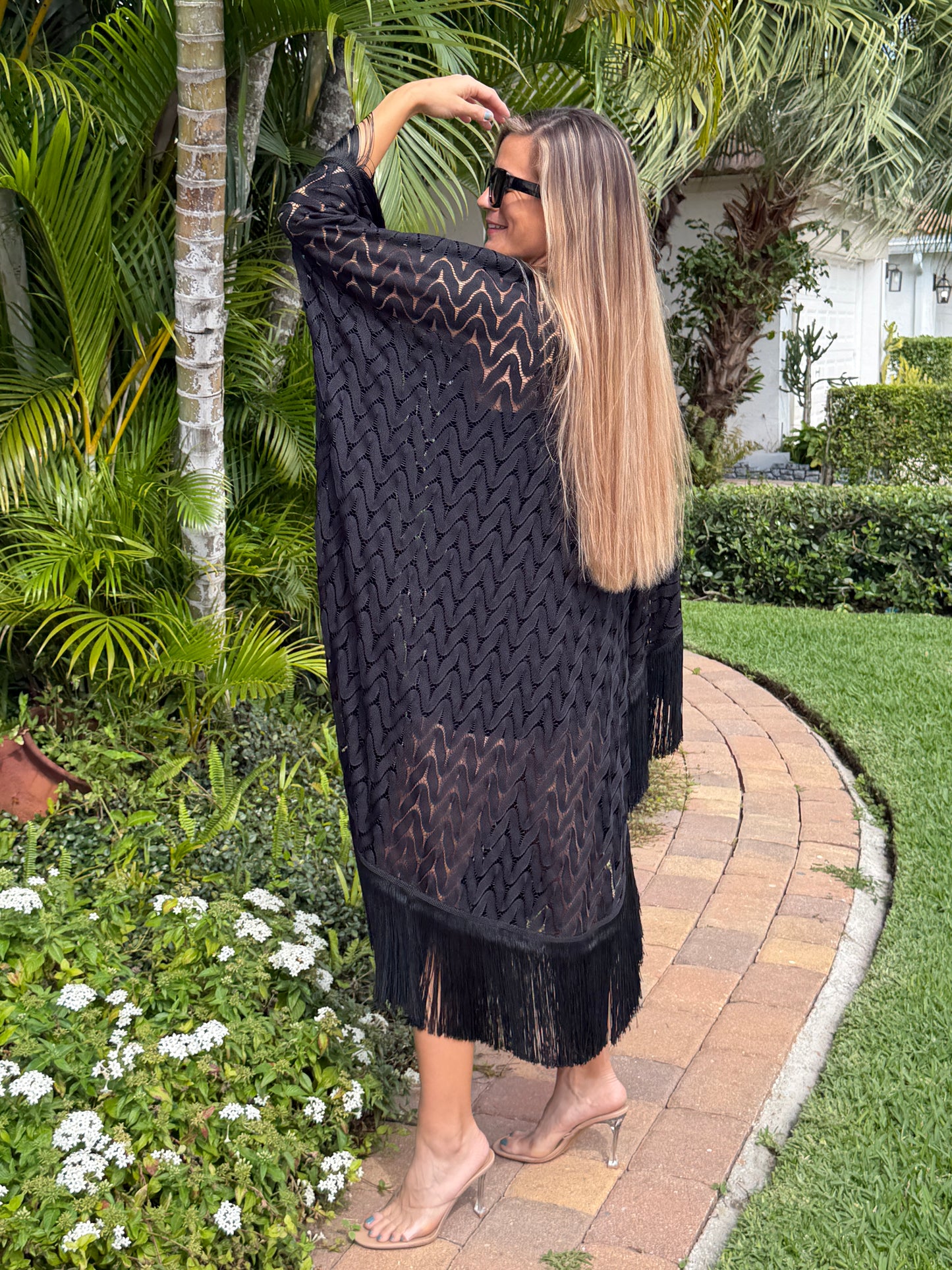 Noir Fringe Knit Kaftan Dress