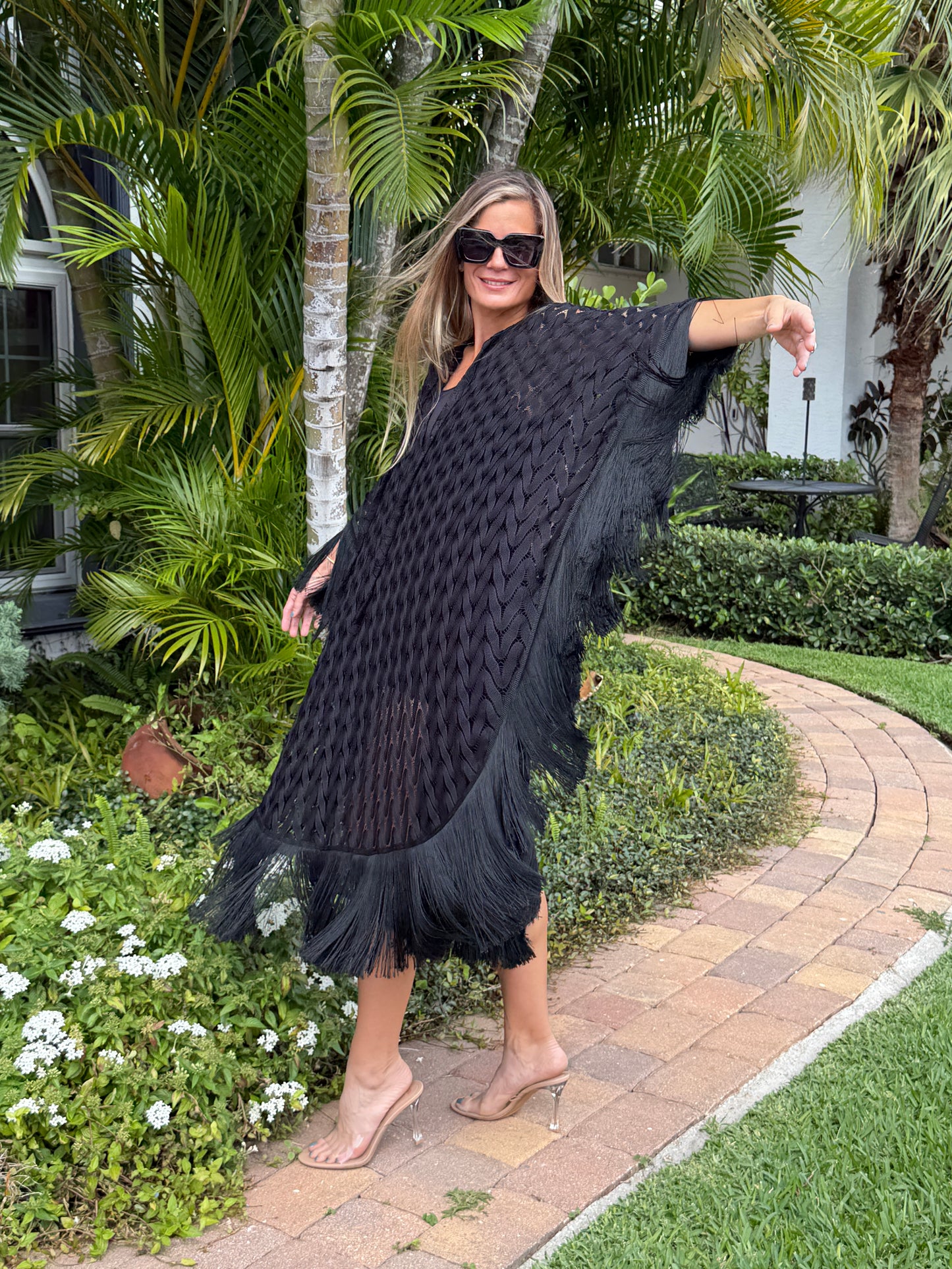 Noir Fringe Knit Kaftan Dress