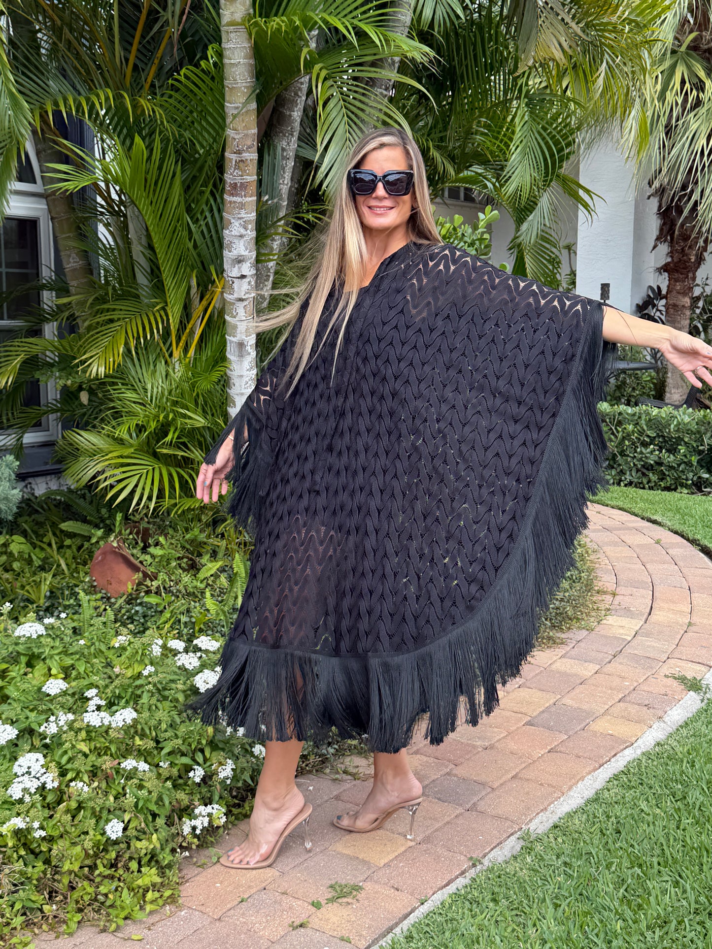 Noir Fringe Knit Kaftan Dress
