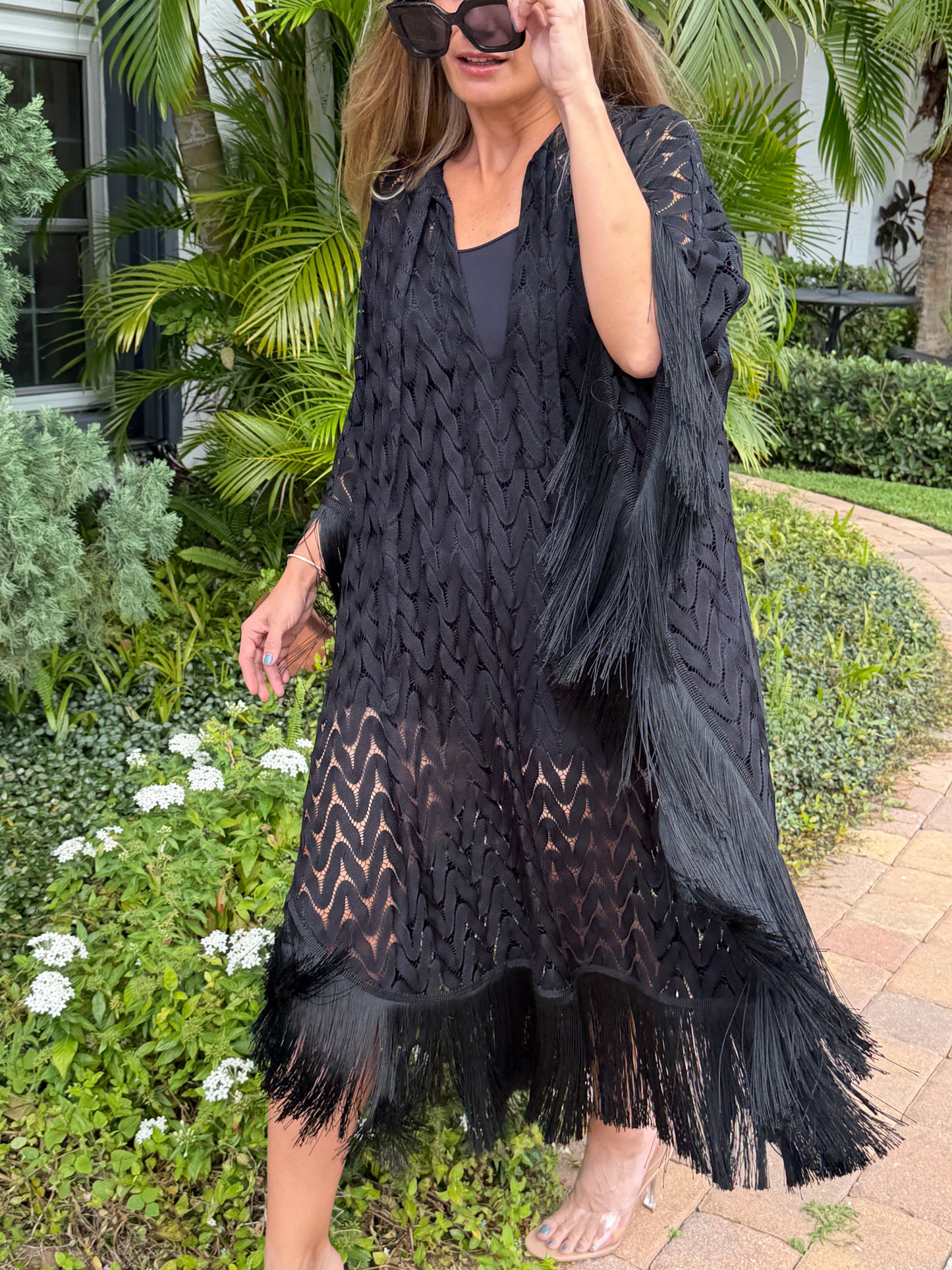 Noir Fringe Knit Kaftan Dress