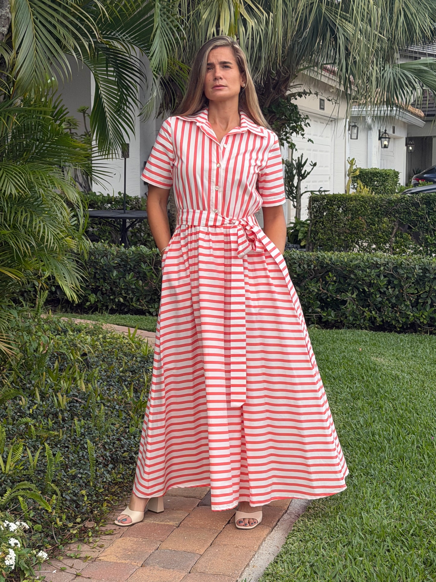Coral Stripe Shirt Maxi Dress