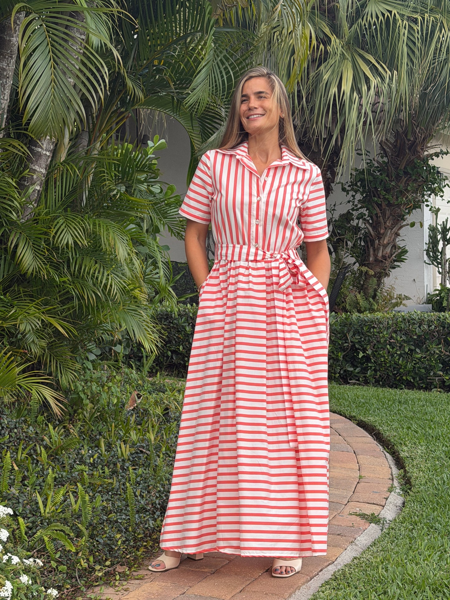 Coral Stripe Shirt Maxi Dress