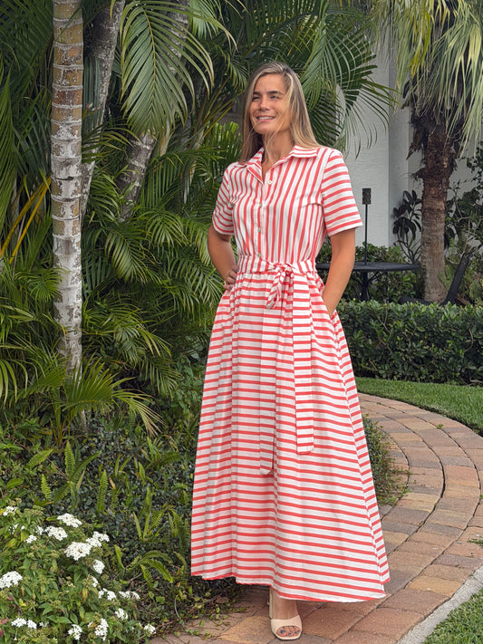 Coral Stripe Shirt Maxi Dress