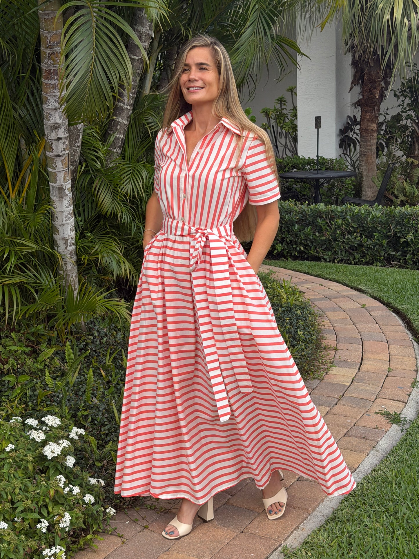 Coral Stripe Shirt Maxi Dress