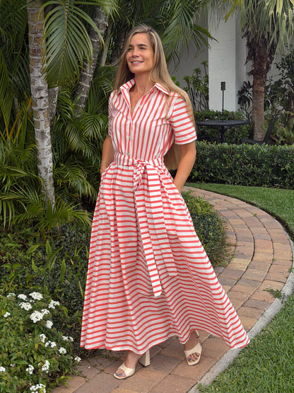 Coral Stripe Shirt Maxi Dress