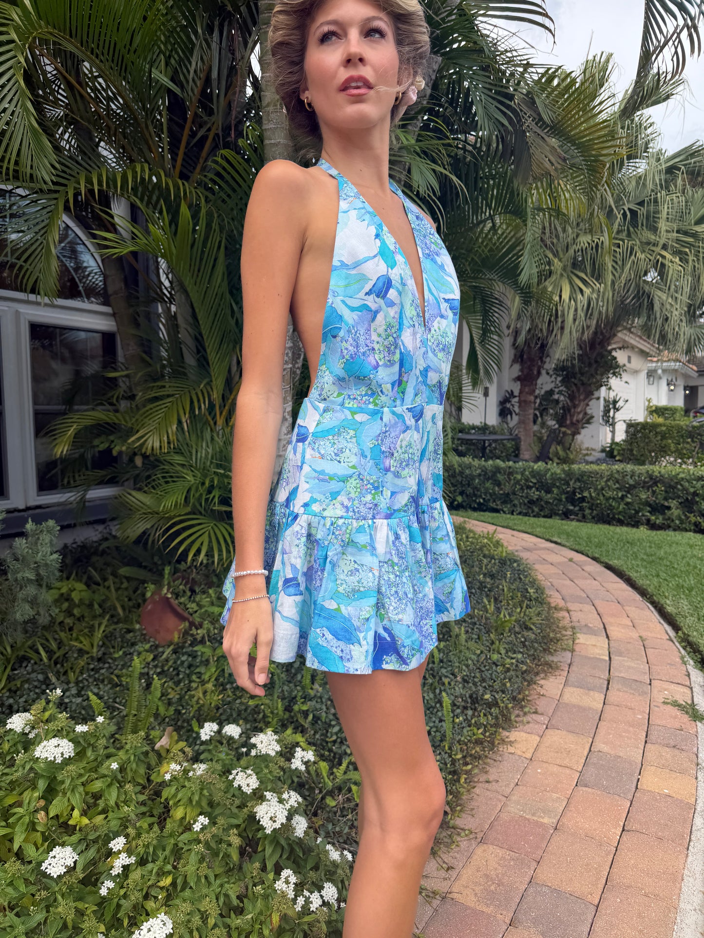 Azure Garden Halter Mini Dress