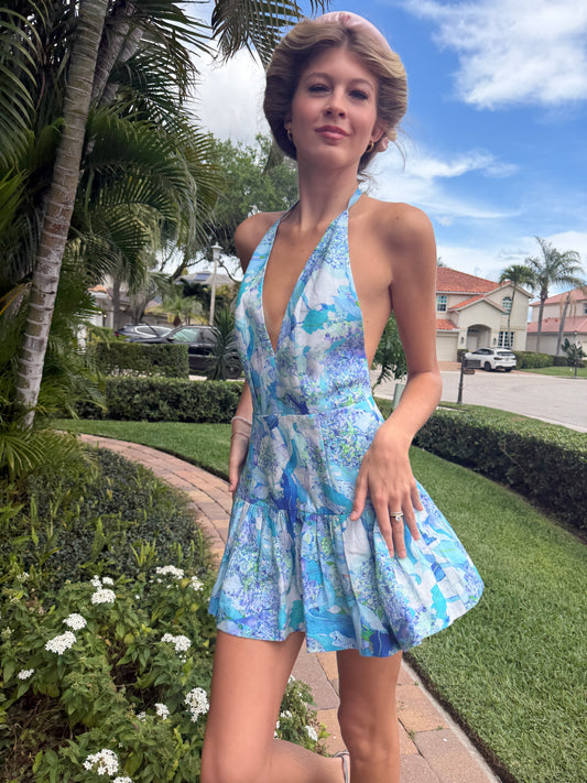 Azure Garden Halter Mini Dress