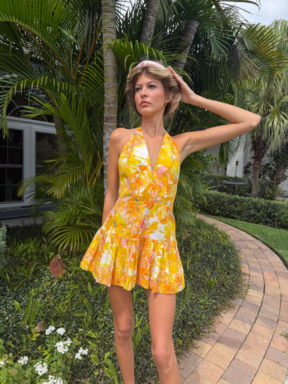 Golden Bloom Halter Mini Dress