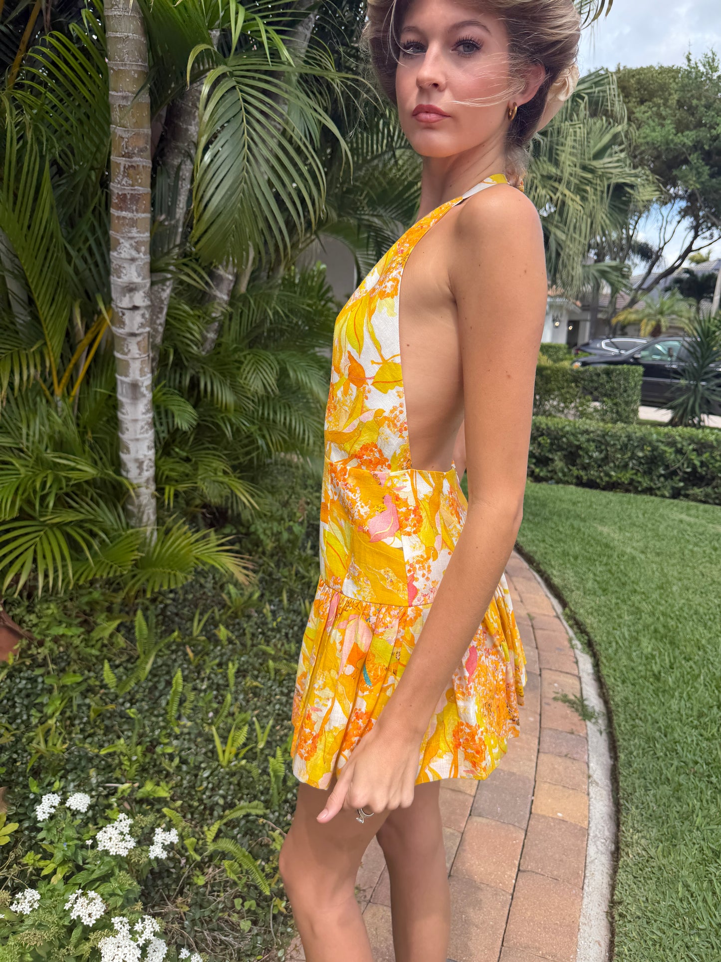 Golden Bloom Halter Mini Dress