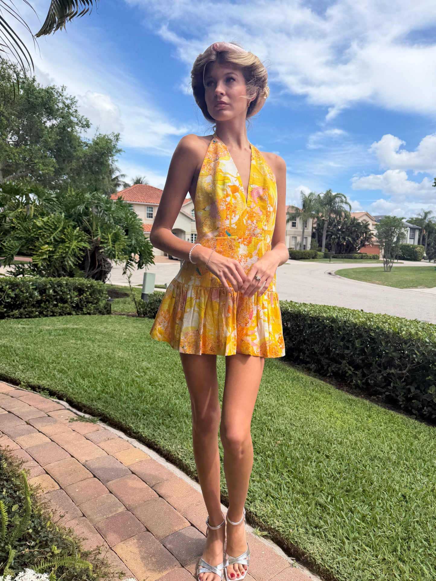 Golden Bloom Halter Mini Dress