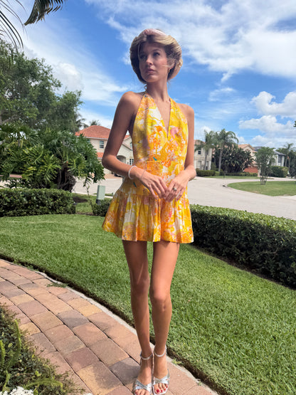 Golden Bloom Halter Mini Dress