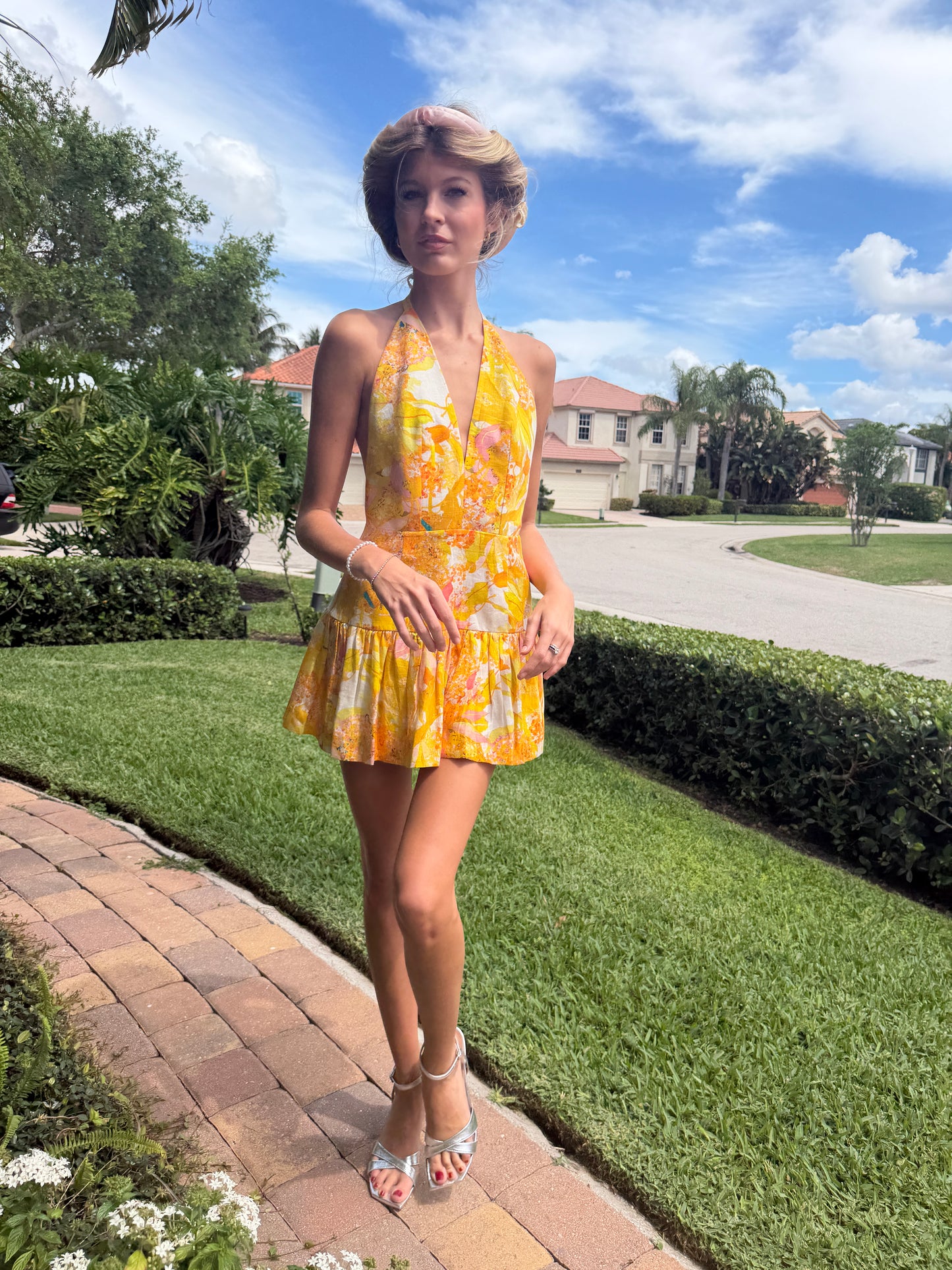 Golden Bloom Halter Mini Dress