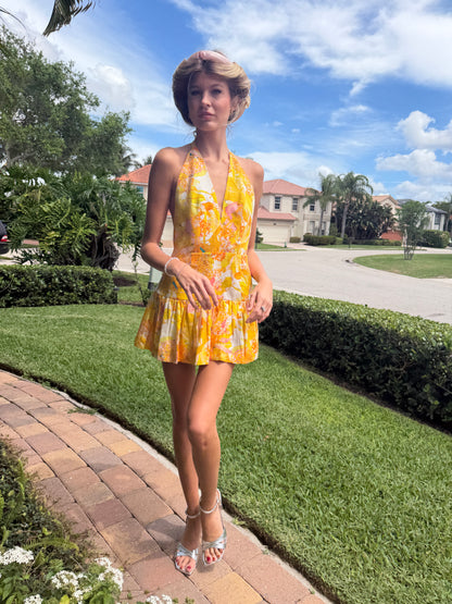 Golden Bloom Halter Mini Dress