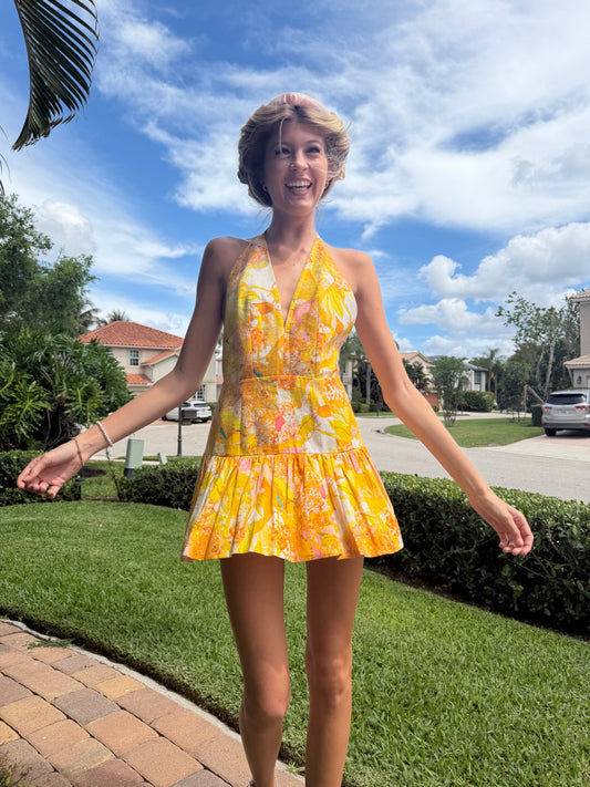 Golden Bloom Halter Mini Dress