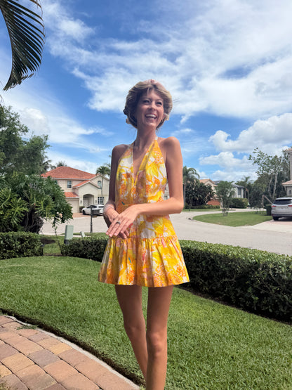 Golden Bloom Halter Mini Dress