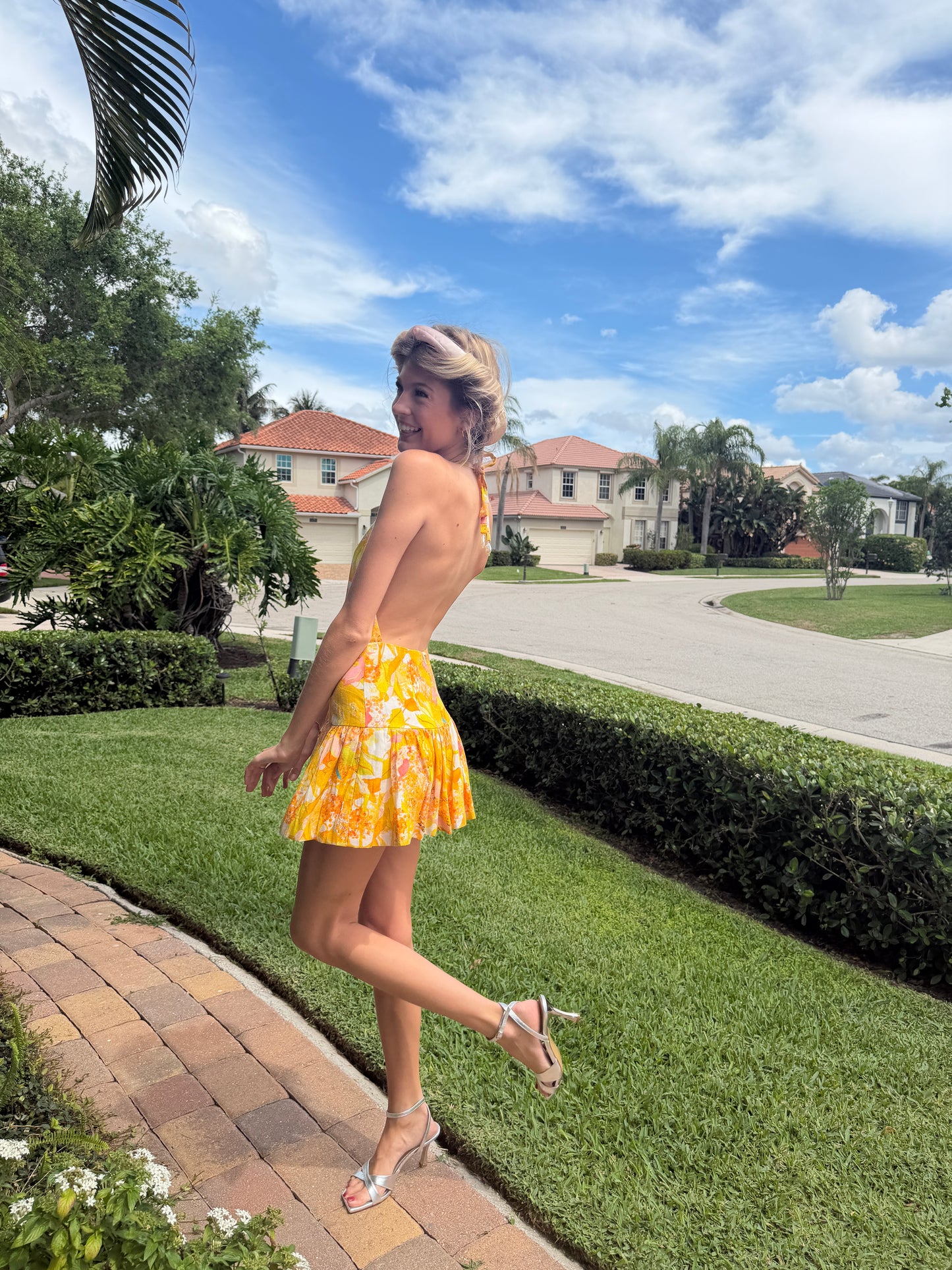 Golden Bloom Halter Mini Dress