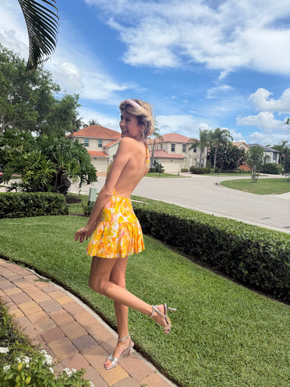 Golden Bloom Halter Mini Dress