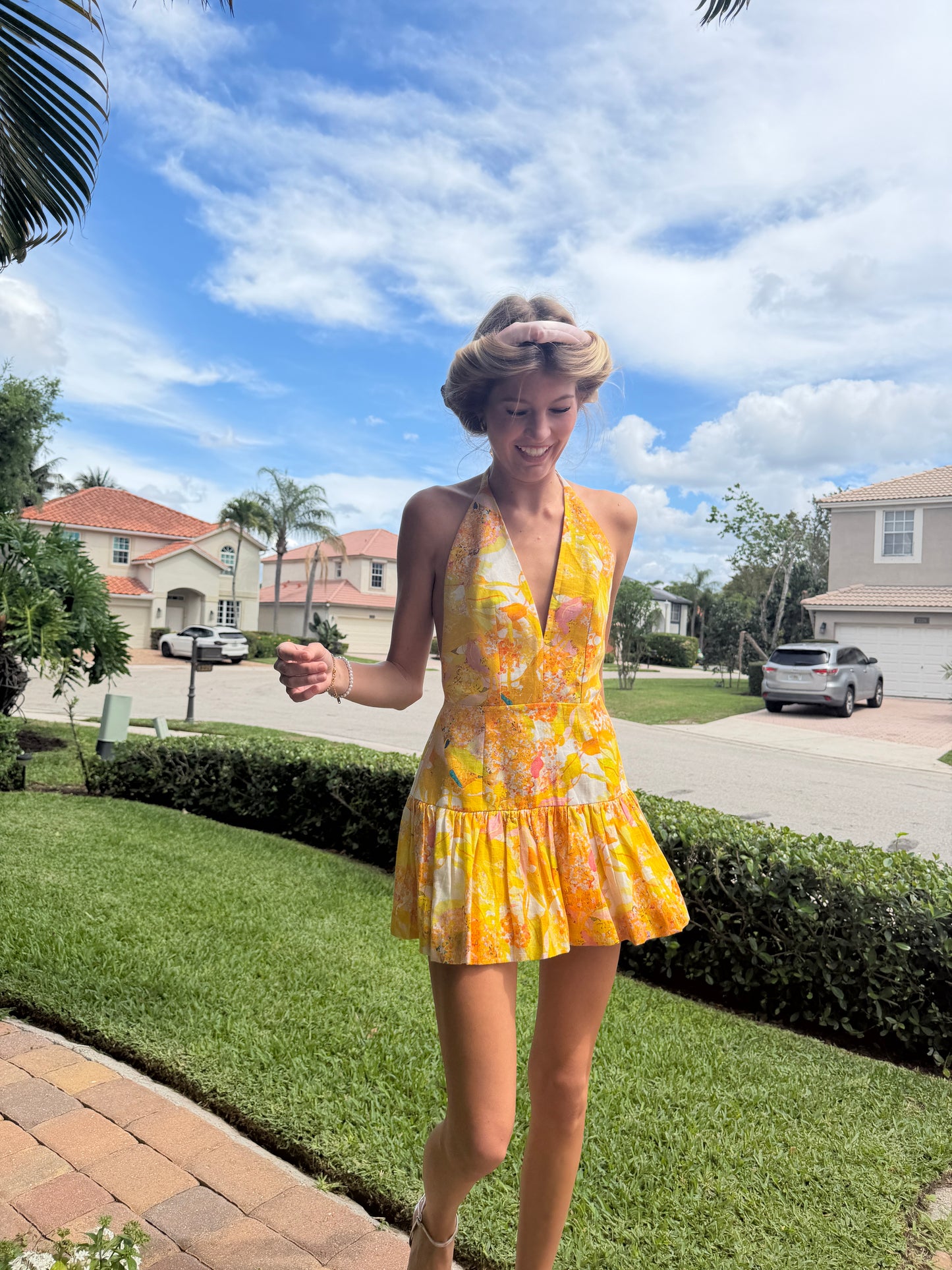Golden Bloom Halter Mini Dress