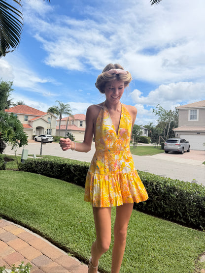 Golden Bloom Halter Mini Dress