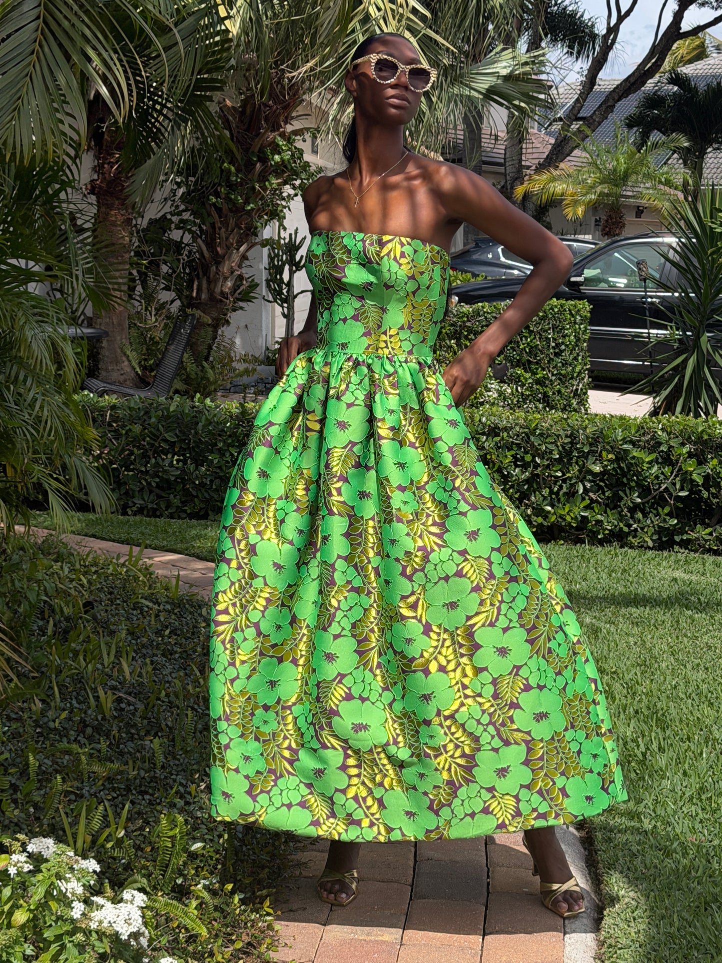 Galia Strapless Green Brocade Gown