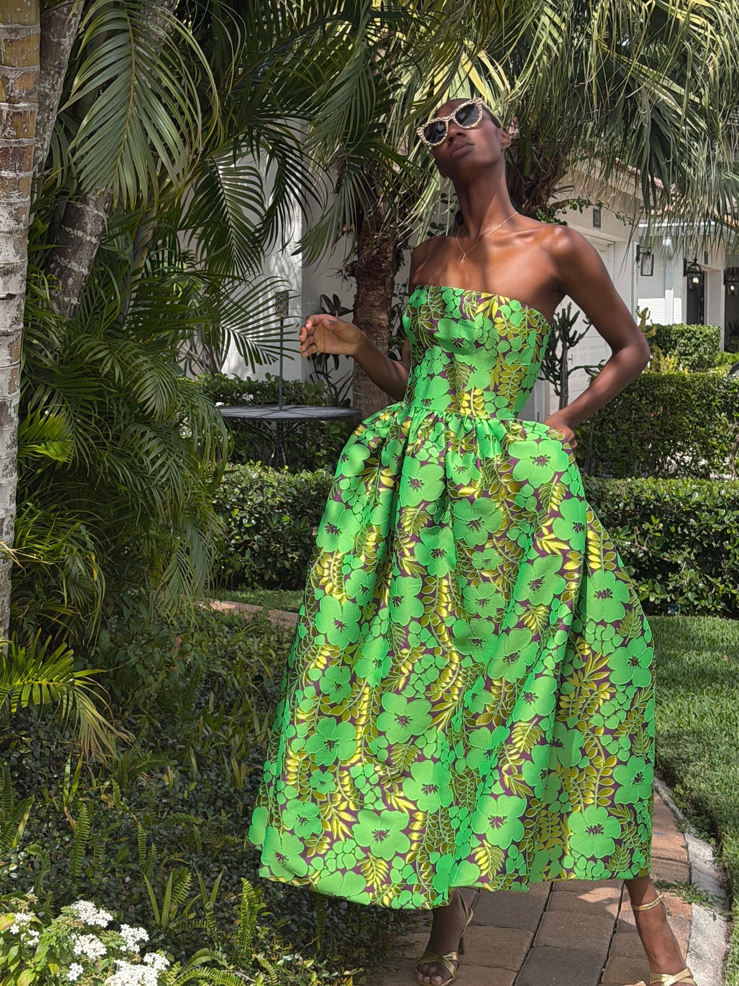 Galia Strapless Green Brocade Gown