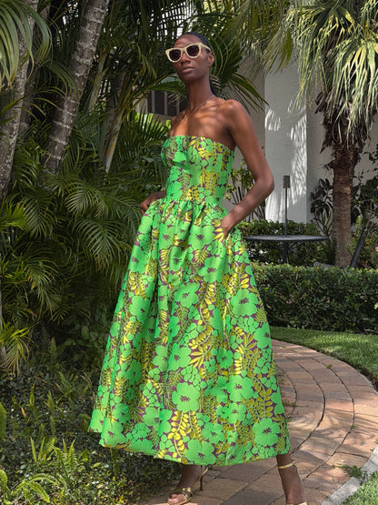 Galia Strapless Green Brocade Gown