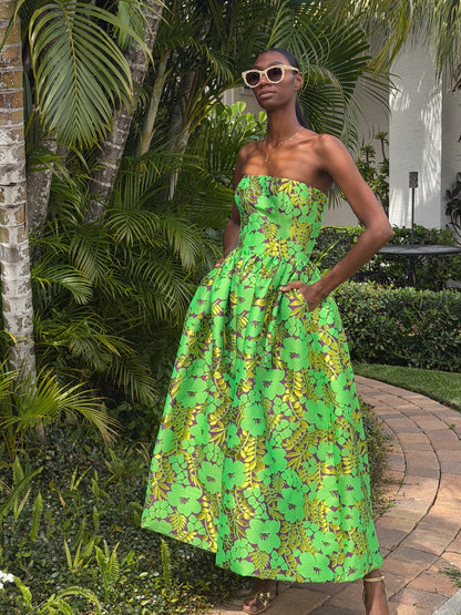 Galia Strapless Green Brocade Gown