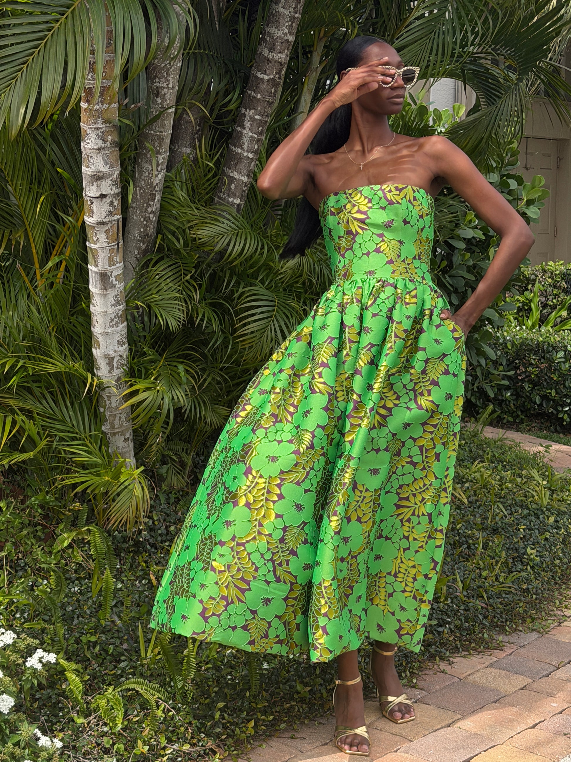 green brocade dress Galia Strapless Green Brocade Gown 38