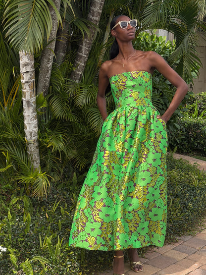 Galia Strapless Green Brocade Gown