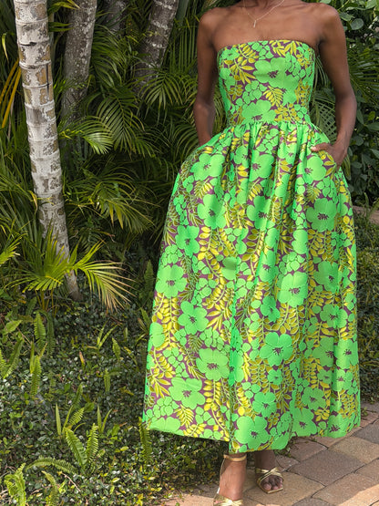 Galia Strapless Green Brocade Gown